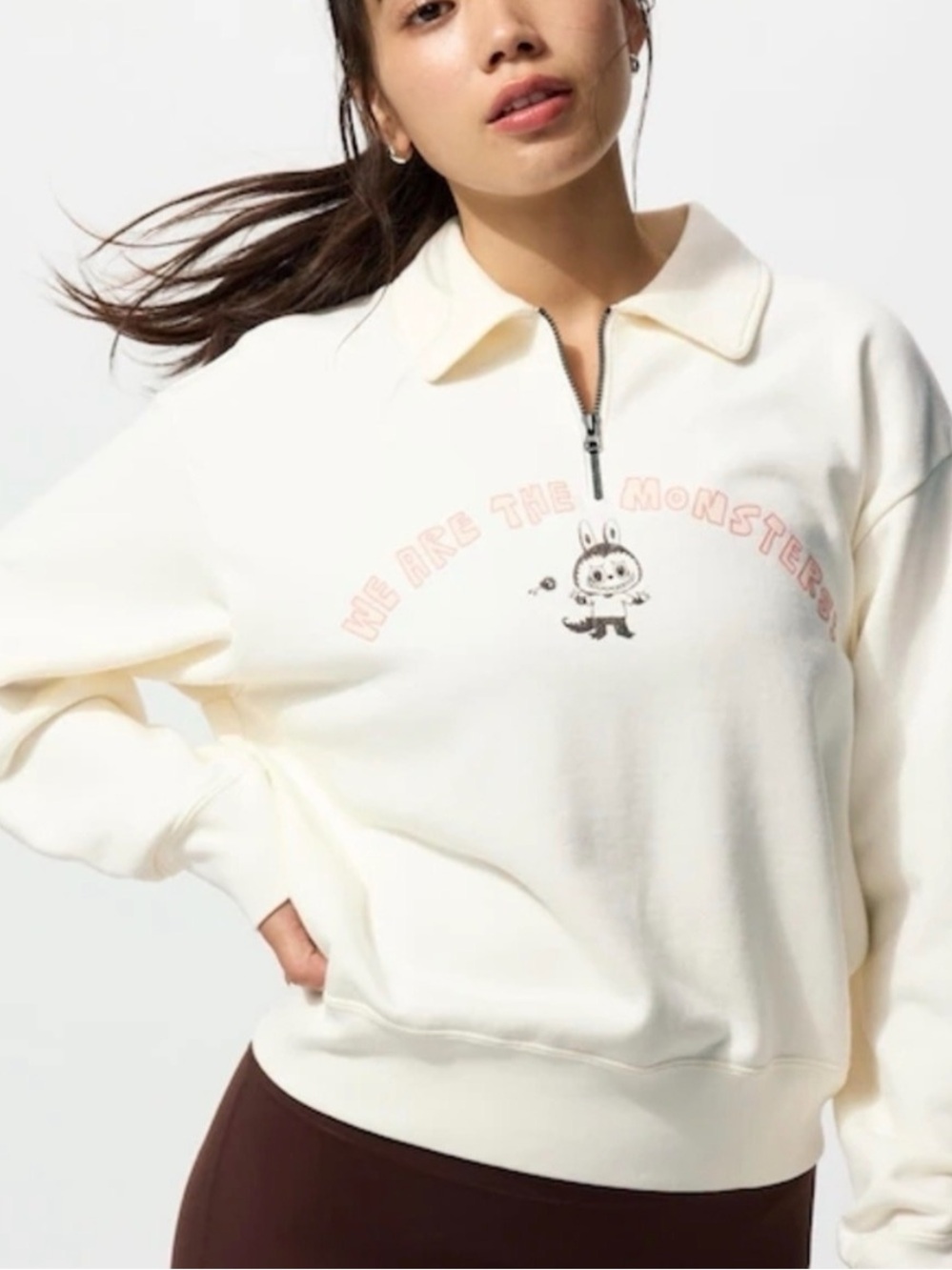 Uniqlo Cream Half-Zip Sweatshirt with Pink Graphic